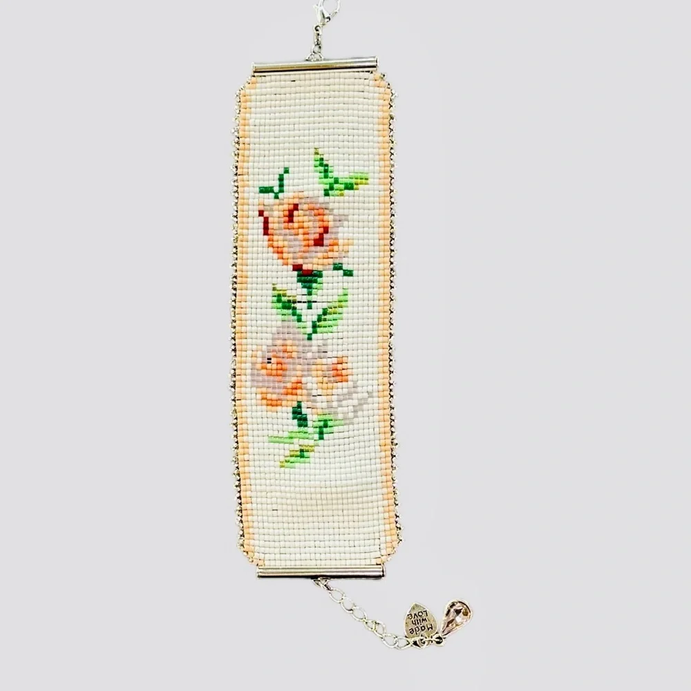 COPY - Handcrafted loom cuff bracelet roses on white w/silver beaded border adj…